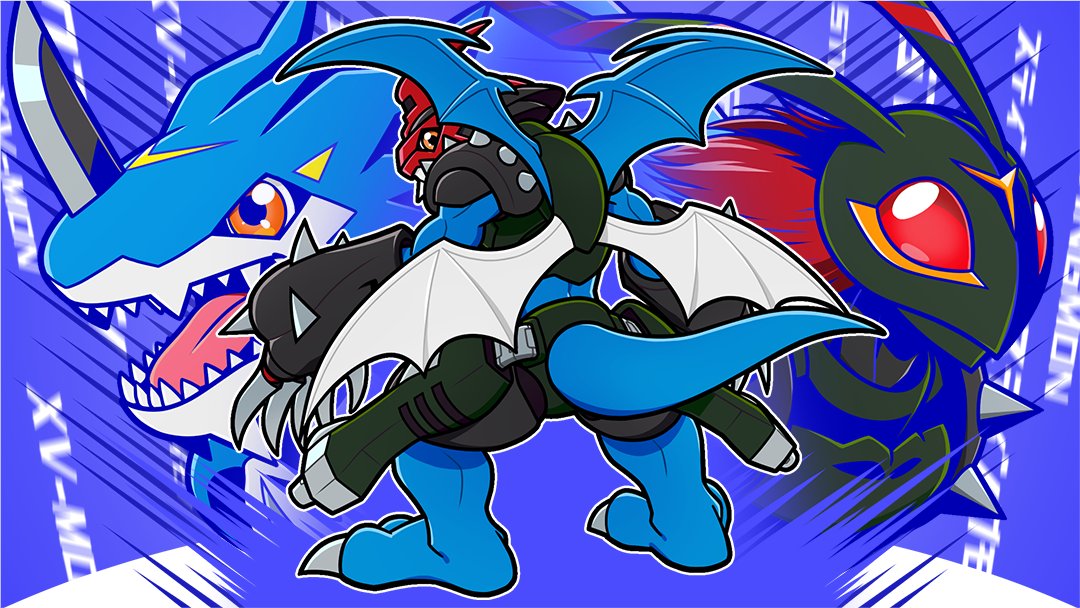 Illustration of a fusion between mega charizard y and mega charizard x